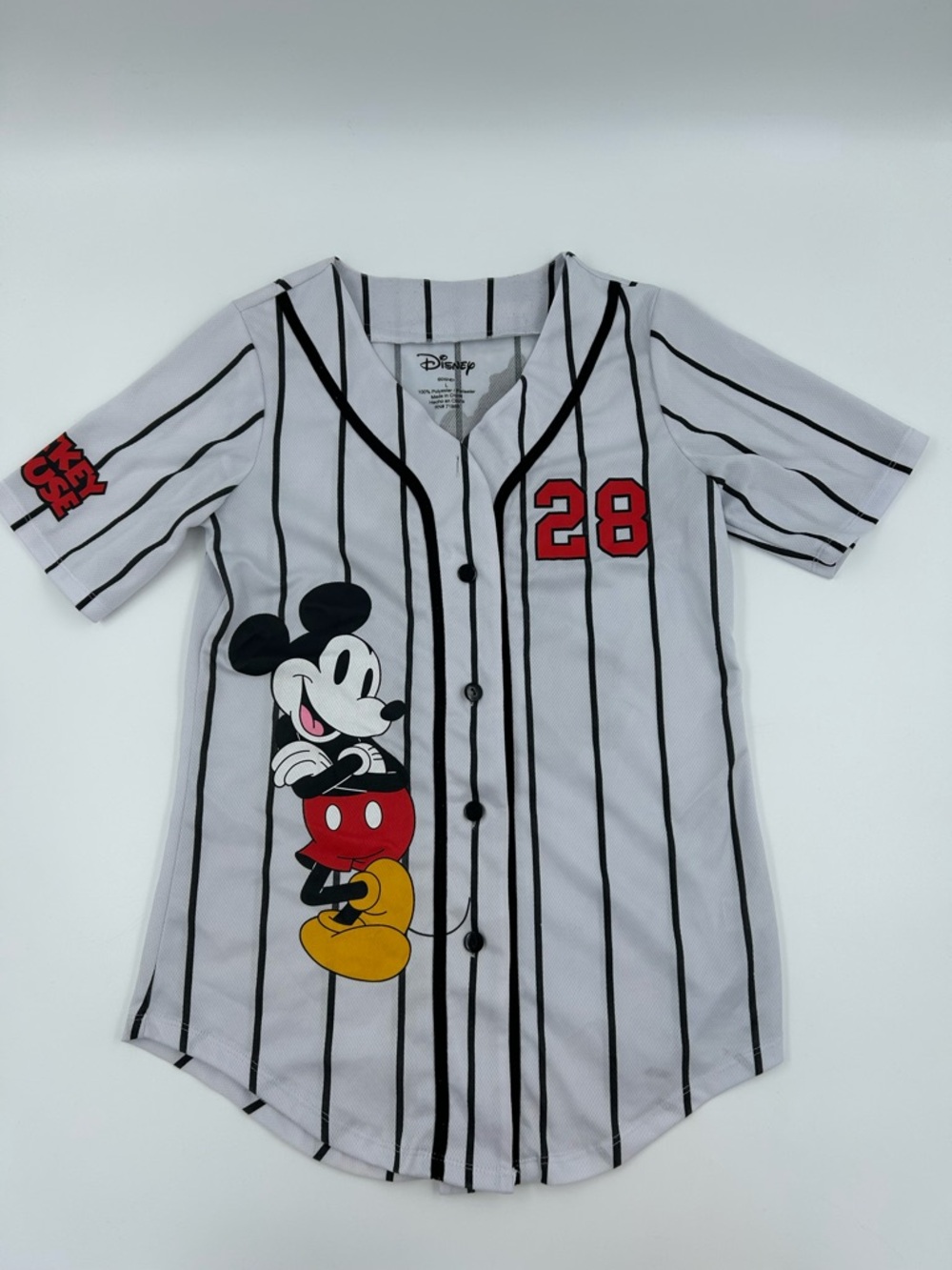 Disney Black & White Pinstripe Mickey Baseball Jersey with Red & Yellow Accents